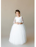 Three Quarter Sleeves Ivory Lace Tulle Sheer Back Flower Girl Dress